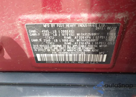 2013 Subaru Outback 2.5I Premium из США, поврежденный, VIN 4S4BRBCC0D3201266